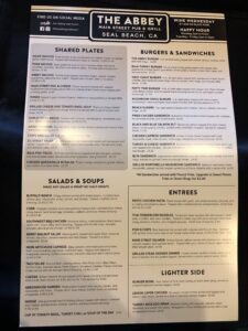 the abbey seal beach updated menu april 2023 Shared plates, burges and sandwiches, salads and soups, entrees and lighter side dishes.