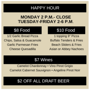 Happy HOur menu with food drink and beer specials listed